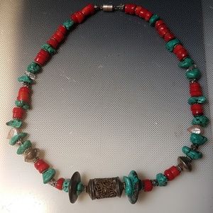 turquoise coins bead coral tibet silver necklace